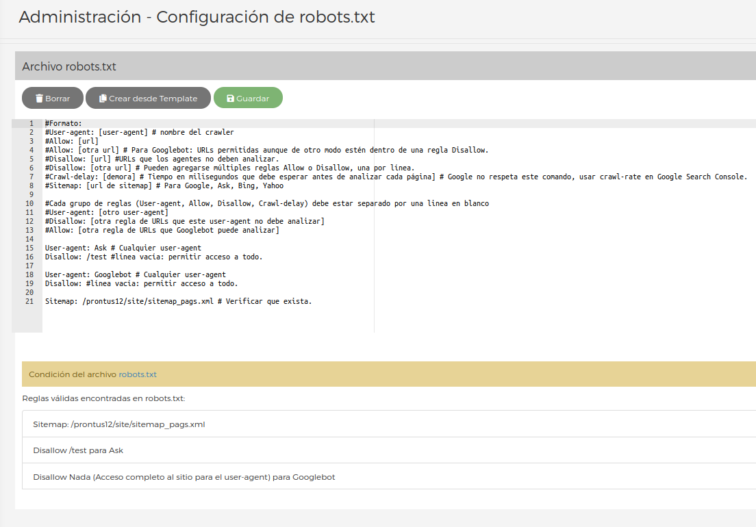 Interfaz de configuración y validación del archivo robots.txt
